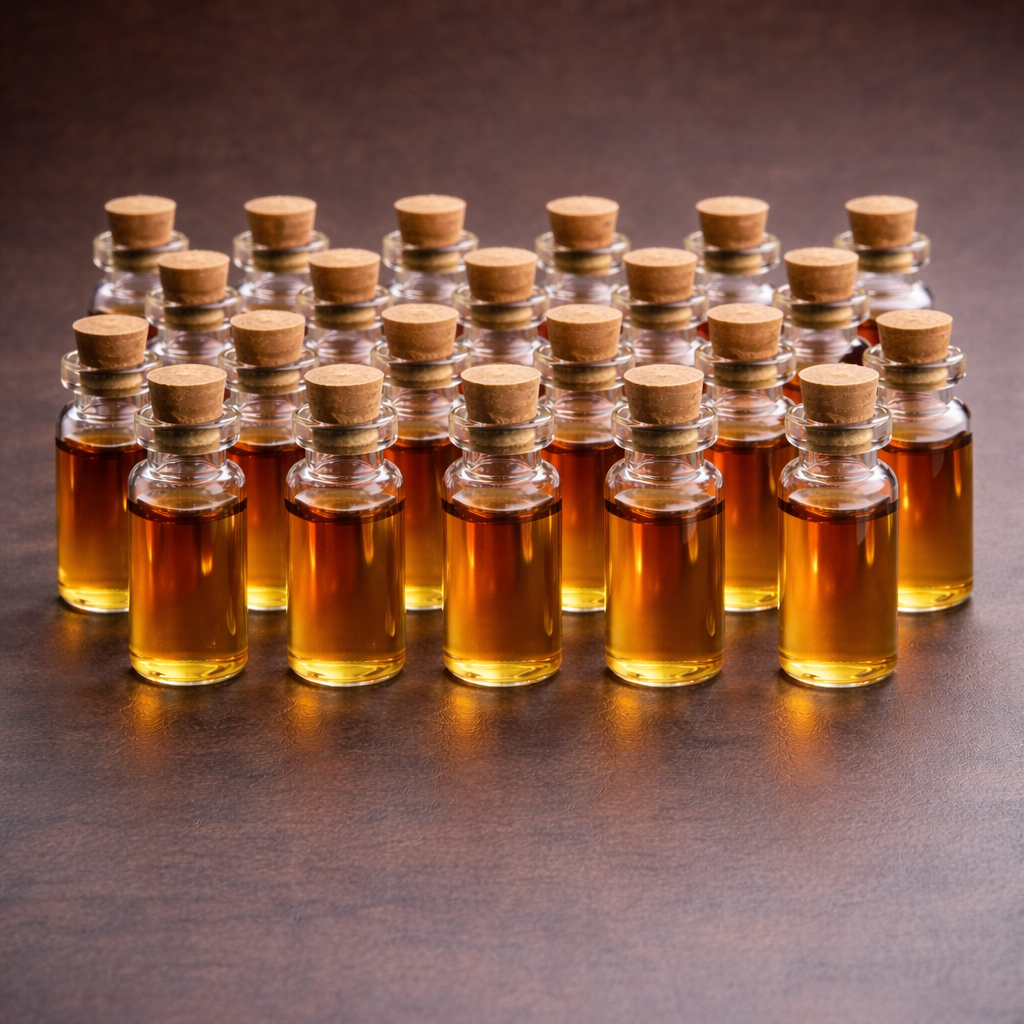 Trente fioles ambrées de la gamme Fiole d’Immortalité